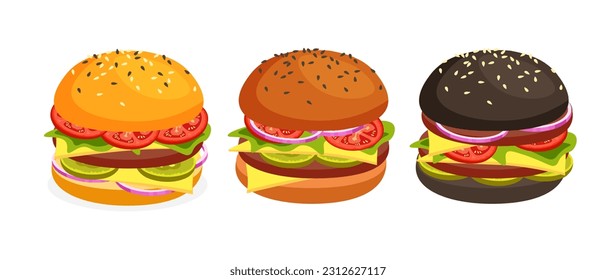 Vector burgers with different color bun set. Burger with cheese, tomatoes, chop, lettuce, onion. Fast food or junkfood meal.