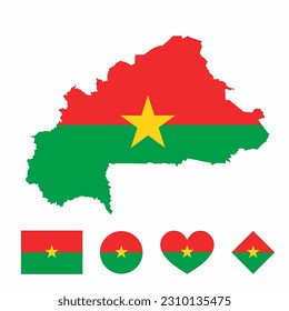 Vector of Burkina Faso map flag with flag set isolated on white background. Collection of flag icons with square, circle, love, heart, and rectangle shapes.