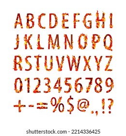 Vector burning alphabet, digits and signs. Symbols with flaming fire