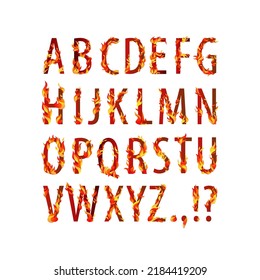 Vector burning alphabet. Letters with flaming fire