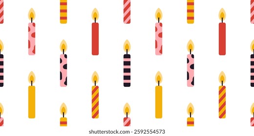 Vector burning birthday cake candles seamless pattern. Cute candlelights on white background.