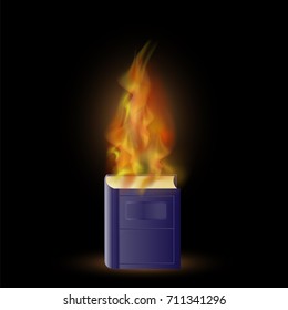 Vector Burning Blue Book with Fire Flame Isolated on Black Background