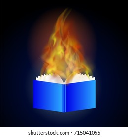 Vector Burning Blue Paper Book with Fire Flame Isolated on Blue Background