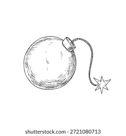 Bomba queimada por vetor. Pintado à mão linear representando explosivos e ilustração de detonação. Esboço monocromático gráfico isolado no plano de fundo. Para designers, impressões, logotipo, ícone, menu, cartões postais, feriado