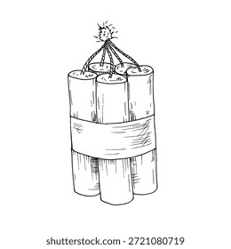 Bomba queimada por vetor. Pintado à mão linear representando explosivos e ilustração de detonação. Esboço monocromático gráfico isolado no plano de fundo. Para designers, impressões, logotipo, ícone, menu, cartões postais, feriado