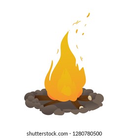 Vector burning bonfire cartoon icon. Camping tourism attribute for warm, light and food preparation. Natural fire made of flammable firewood. Isolated illustration