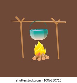 vector burning campfire with kettle isolated on brown background. Cooking over a campfire. kids summer camp label or icon