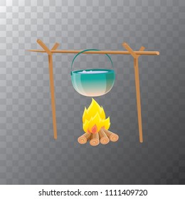 vector burning campfire with kettle isolated on transparent background. Cooking over a campfire. kids summer camp label or icon