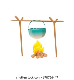 vector burning campfire with kettle isolated on white background. Cooking over a campfire.