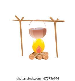 vector burning campfire with kettle isolated on white background. Cooking over a campfire.