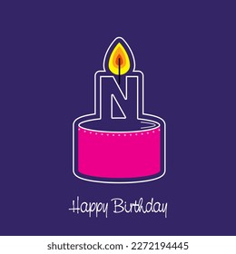 Vector burning candle on letter N. abstract birthday design, pink cake ,blue background showing the first name of birth in card format. Happy Birthday greeting card. Vector illustration graphic design
