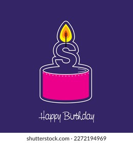Vector burning candle on letter S. abstract birthday design, pink cake ,blue background showing the first name of birth in card format. Happy Birthday greeting card. Vector illustration graphic design