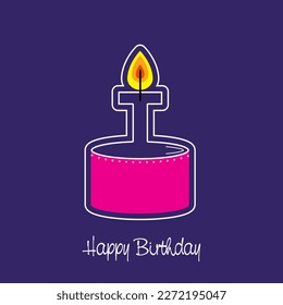 Vector burning candle on letter T. abstract birthday design, pink cake ,blue background showing the first name of birth in card format. Happy Birthday greeting card. Vector illustration graphic design