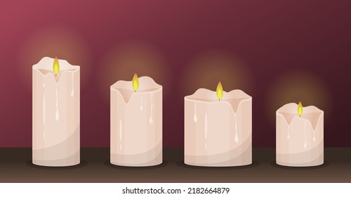 Vector burning candles with dripping or flowing wax. Flat candles with golden flame. Lit and melted wax. Illustration of beautiful glowing candles on dark background. Cartoon illustration