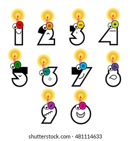 Vector burning candles on colorful numbers from 0 to 9, funny faces, party hat, stars on white background showing the year of birth in card format for designing Happy Birthday greeting card