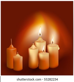 Vector. Burning candles on dark background.