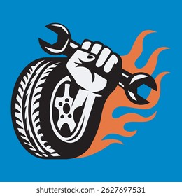 Vector of a burning car tire with a hand holding a wrench
