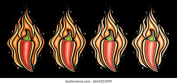 Vector Burning Chili Pepper Set, horizontal decorative banner with group of 4 cartoon design isolated flaming chili peppers, collection of various spicy badges with burning peppers on black background