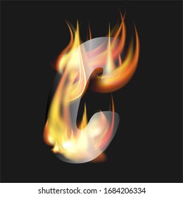 vector burning fire, fire burning in a triangle on a dark background, latter "C" fire. c fire letter