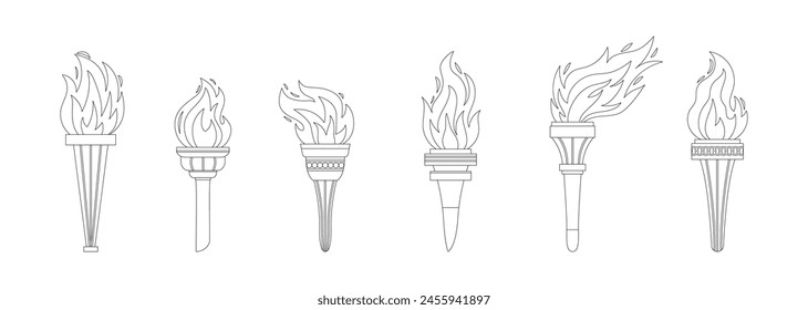 Vector burning flame torches black line set icons isolated on white background. Sport flat style games victory outline symbols collections. Winner abstract sign.