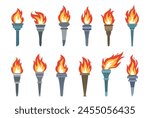 Vector burning flame torches set icons isolated on white background. Sport flat style games victory symbols collections. Winner abstract sign.