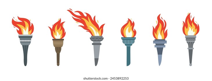 Vector burning flame torches set icons isolated on white background. Sport flat style games victory symbols collections. Winner abstract sign.