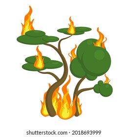 Vector burning forest on a white background is isolated. The image of forest fires can be used for news, safety instructions, posters,