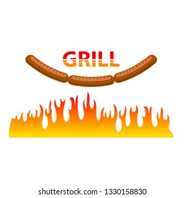 Vector Burning Grill Sausages with Fire Isolated on White Background