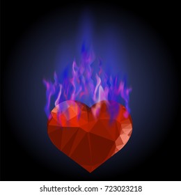 Vector Burning Heart with Blue Fire Flame Isolated on Black Background.