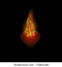 Vector Burning Heart Sticker with Fire and Flame Isolated on Black Background