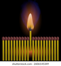 Vector Burning Match with Fire Flame on Black Background.