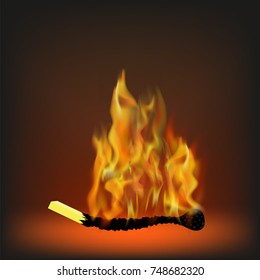 Vector Burning Match with Fire on Orange Blurred Background