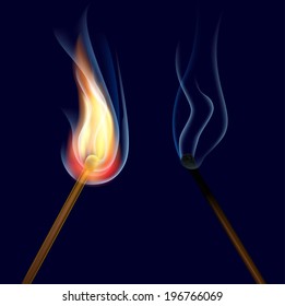Vector burning matches on dark background