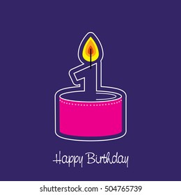 Vector burning number 1 candle birthday design on pink cake and blue background showing the year of birth in card format. Happy Birthday greeting card. Vector illustration graphic design