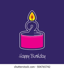 Vector burning number 2 candle birthday design on pink cake and blue background showing the year of birth in card format. Happy Birthday greeting card. Vector illustration graphic design
