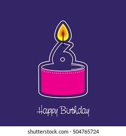 Vector burning number 6 candle birthday design on pink cake and blue background showing the year of birth in card format. Happy Birthday greeting card. Vector illustration graphic design