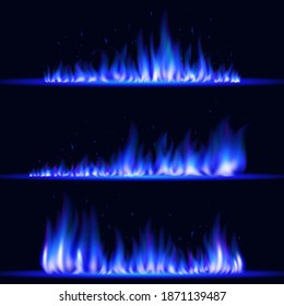 Vector quemando llamas reales de fuego azules. Partículas brillantes. Efecto de luz vectorial con fondo de transparencia. Fogata.