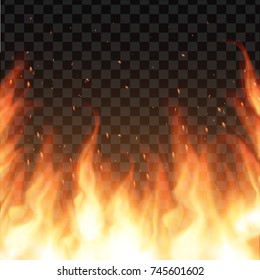  Vector burning realistic fire flames. Glowing particles. Vector light  effect with transparency background. Campfire.