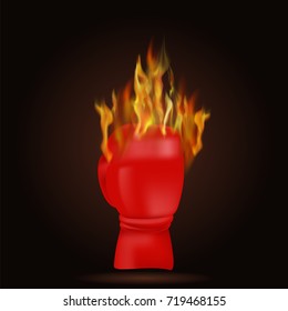 Vector Burning Red Glove with Fire Flame Isolated on Black Background.