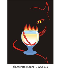 vector of burning red hot chili pepper cocktail on black background with devils silhouette