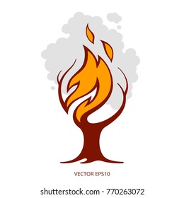 Vector burning tree. Creative symbol of a forest fire for ecological maps or breaking news. Orange flame twists around a brown trunk. Gray smoke in the form of a foliage. Isolated sign of Wildfire.