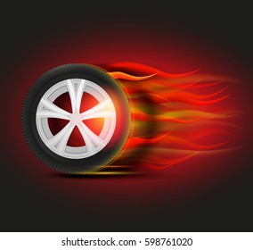 Vector burning tyre image. Modern idea for automotive flyer, banner, booklet, brochure and leaflet design. Editable graphic illustration in dark red, orange and black colors