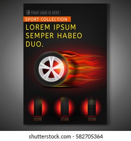 Vector burning tyre poster template. Modern idea for flyer, book, booklet, brochure and leaflet design. Editable vertical graphic layout with copyspace in dark red and black colors
