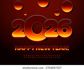 Vetor queimando Wish Card Feliz Ano Novo 2026! Fonte Flaming na moda. Modern Fire Bright Alphabet Letras e Números definidos.