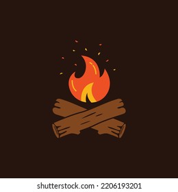 Dibujo vectorial de la hoguera quemada con madera. Icono de leña y fuego de fuego, noche de fuego.