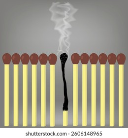 Vector Burnt Match with Smoke Isolated on Grey Blurred Background.