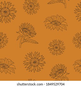 Vector Burnt Orange Sunflower Contour Seamless pattern background from the Country Sunflower Collection. Contemporary design featuring black contour sunflowers on a burnt orange background. Good for