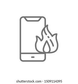 Vector burnt smartphone, damaged phone line icon.