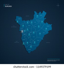 Vector Burundi map illustration with blue neon lightpoints - triangle on dark blue gradient background. Administrative divisions, cities, borders, capital. Neon tech background with glow. 