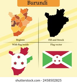 Vector Burundi map vector states and lines and full with vector flag and flag map